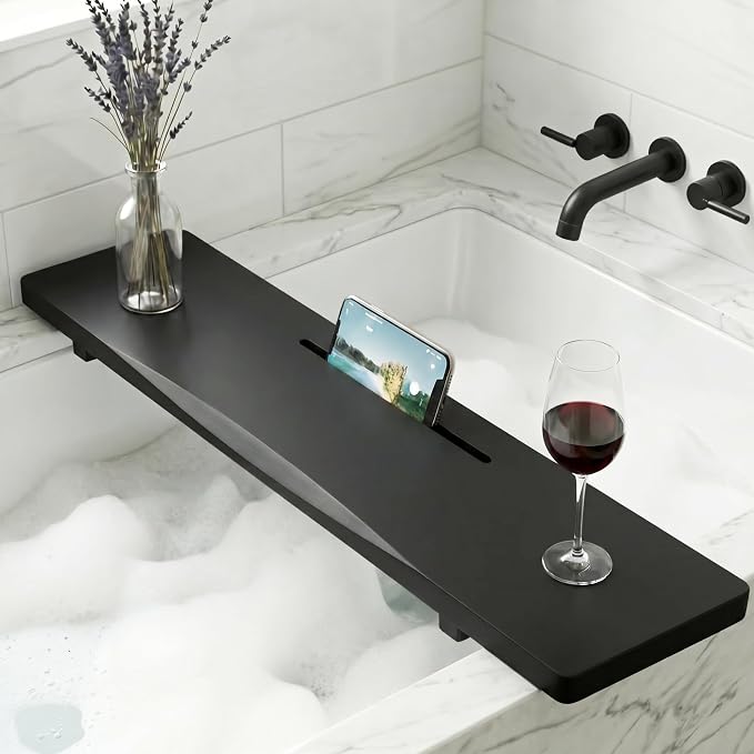 Elegant Black Bamboo Bathtub Tray Caddy for Standard Tub, 31" L Adjustable Bath Tray for Tub, Luxury Spa Bathroom Tray Organizer Table, Bath Tub Accessories for Women, Housewarming, Birthday Gifts