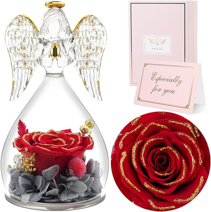 Sunia Preserved Flower Rose Gift for Women - Mother's Day Birthday Gifts for Mom Wife Grandma, Glass Angel Figurines Forever Real Roses Gifts for Her Valentine Day Thanksgiving﻿ (Redgold)