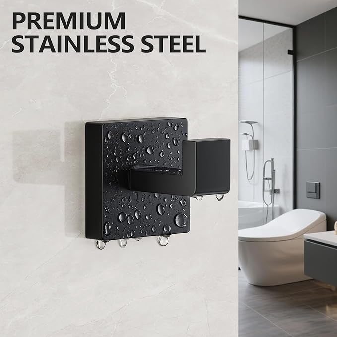 Kruodop 4 PCS Towel Hooks for Bathroom, Wall Mount Towel Holder, Black Matte Wall Robe Hook,Square Stainless Steel Door Hanger Towel Hook for Kitchen, Bedroom,Hotel,Pool,Coats