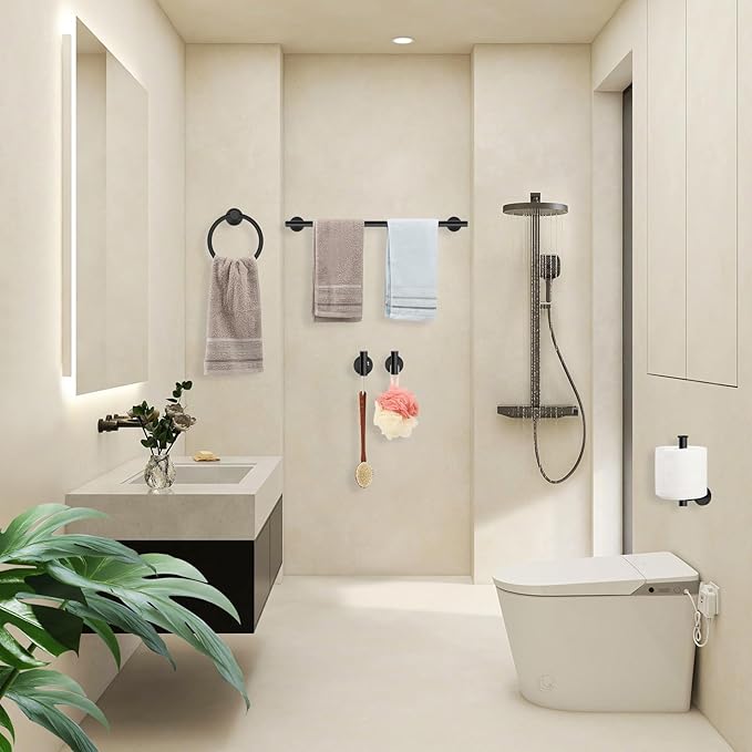 Matte Black Bathroom Hardware Set, Modern 24-Inch Towel Bar Set Wall Mounted, Towel Rack Set Black,Stainless Steel Bathroom Accessories Set Black,5-Pieces
