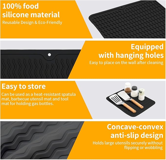 Geban Grill Accessories, 14x11 Inch Silicone Heat Resistant Mat, BBQ Tool Rest Pad for Blackstone Griddle Side Shelf, Weber, Traeger, Outdoor Kitchen Countertop Protector (Black)