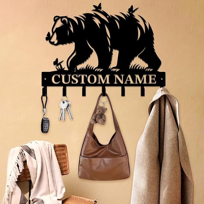 Personalized Custom Name Bear Key Wall Hooks,Metal Bear Keys Clothes Hooks,Metal Bear Wall Home Storage Decorative,For Front Door, Hallway, Kitchen, Bedroom,Keys,Hats (Style G)