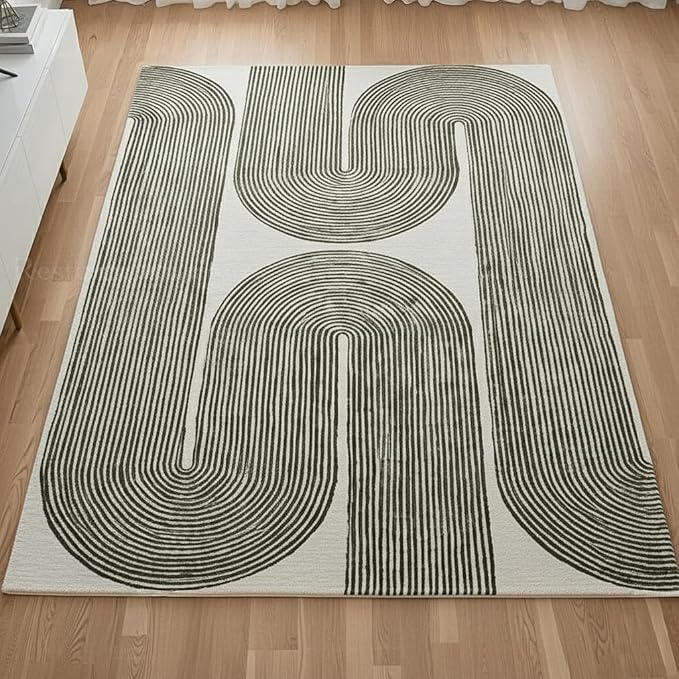 Modern Handmade Wool Area Rug, Abstract Curved Line Geometric Carpet for Living Room Bedroom, Contemporary Tufted Indoor Rug with Soft Pile and Cotton Backing (Olive, 10' x 14')