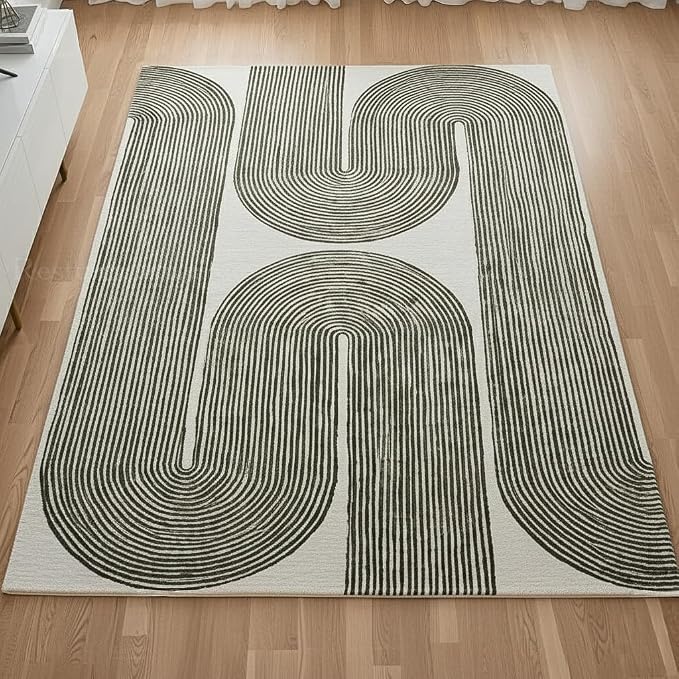 Modern Handmade Wool Area Rug, Abstract Curved Line Geometric Carpet for Living Room Bedroom, Contemporary Tufted Indoor Rug with Soft Pile and Cotton Backing (Olive, 9' x 12')