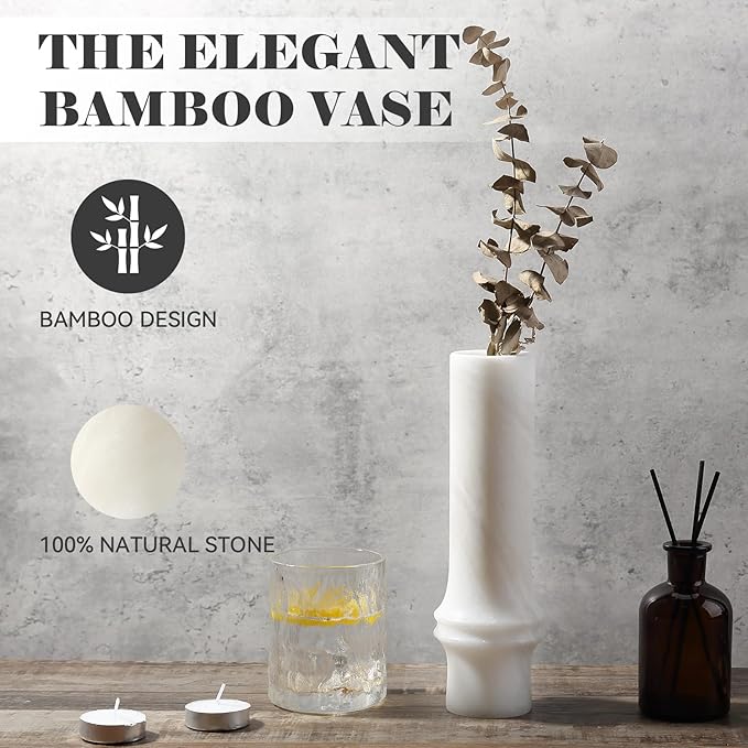 Vase for Home Decor, Marble Bamboo Vase Rustic Vintage Decorations for Living Room, Table, Bathroom, Holiday & Weddings,White Flower Vases (Namib Bianco)