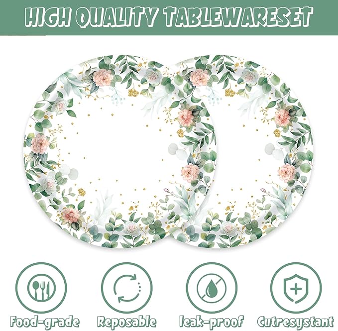 Sage Green Floral Paper Plates and Napkins for Eucalyptus Leaves Birthday Decorations 40Pcs Bridal Baby Shower Decorations Serve 20 Summer Tea Party Plates and Napkins Sets Supplies