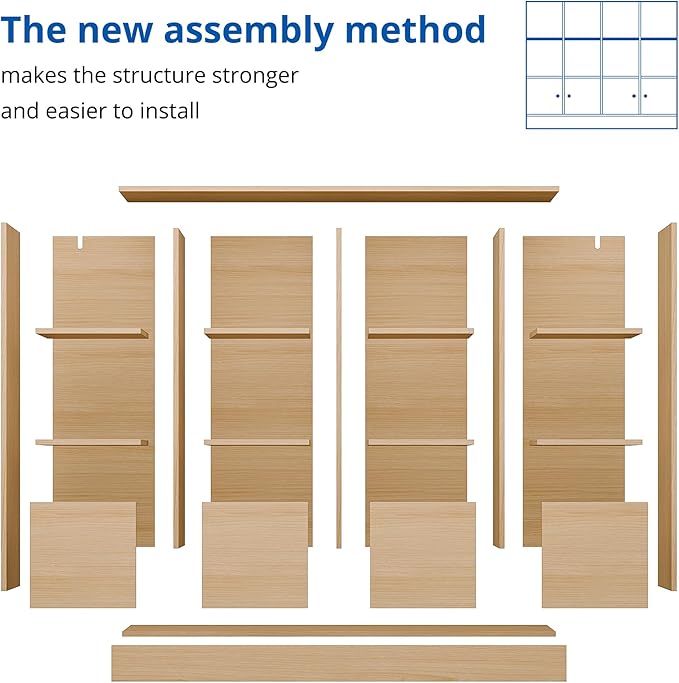 Cozy Castle Oak Wood Bookcase, 12 Cube Storage Organizer Shelf with 4 Doors, 3 Tier Storage Cabinet with Anti-Tilt Device for Bedroom, Living Room, Office