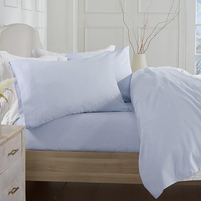 Market & Place 100% Turkish Cotton Flannel Sheet Set | 4 Piece Deep Pocket Solid Cozy Winter Bed Sheets | Double Brushed for Extra Softness & Comfort | Chalet Collection (Full, Light Blue)
