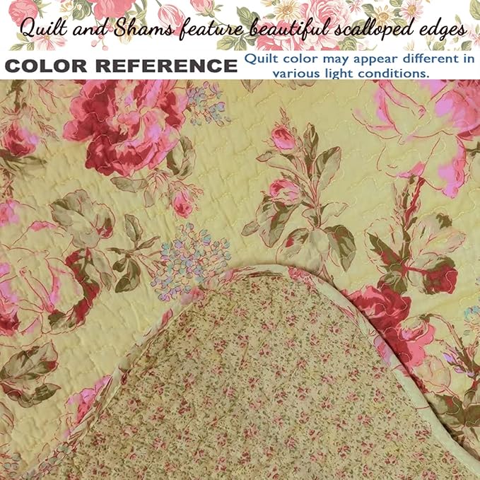Cozy Line Home Fashions Lelia Pink Rose Blooming Floral Vintage Yellow 100% Cotton Reversible Quilt Bedding Set, Coverlet Bedspread (Rose Vivid, King - 3 Piece)