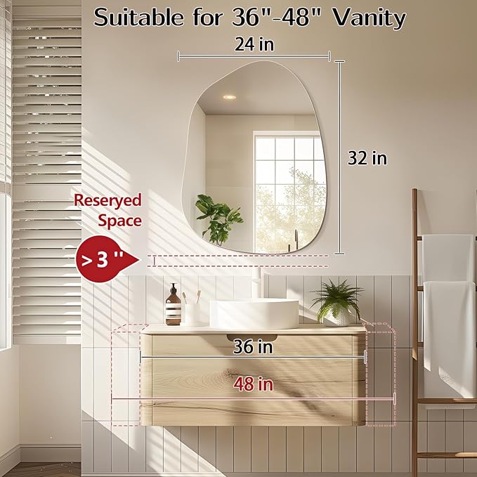 Niccy Irregular Mirror, 24"x32" Asymmetrical Bathroom Mirror, Decorative Modern Mirrors for Bathroom, Bedroom, Living Room, Entryway, Frameless Vanity Mirror, Unique Wall Mounted