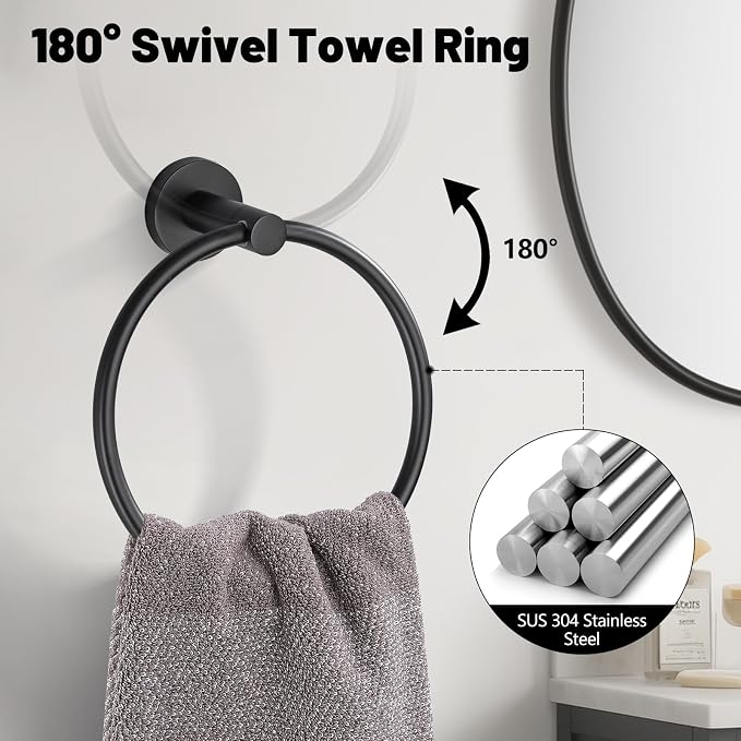 5 Pieces Matte Black Bathroom Hardware Accessories Set SUS304 Stainless Steel Black Towel Bar Holder Set, 23.6Inch Towel Racks for Bathroom, Robe Towel Hooks, Toilet Paper Holder Wall Mounted