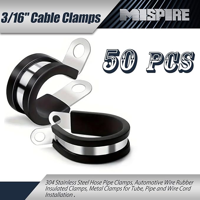 MISPIRE 3/16 Inch Rubber Cable Clamps 50 PCS, 304 Stainless Steel, Black, 50pcs 3/16" Clamps with 6.5mm Hole, Fits #14 Screws and Bolt, Ideal for Automotive, Industrial, Marine, Household Applications