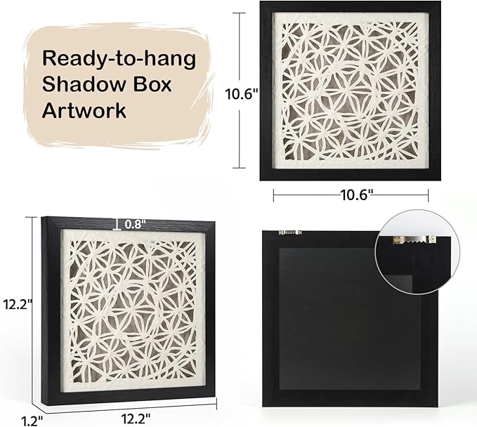 FOLKOR Black and White Wall Art Living Room Decor, 12" Abstract Framed Artwork, Handmade Rice Paper Shadow Box Wall Hanging Sculpture for Contemporary Home Office Bedroom Coffee Shop