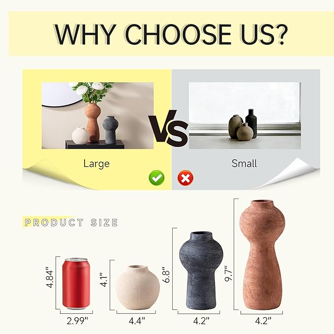 Ceramic Vase Home Table Decor - Flower Vase Set of 3 Living Room Kitchen Decorations Farmhouse Modern Rustic Vases Decorative Centerpiece for Shelf Bedroom Office Bathroom Dining Coffee Desk