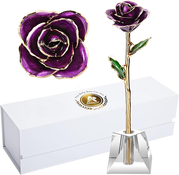 AliveRose Gold Dipped Rose,24k Gold Real Rose Gift for her, Long Stem Rose Made from Real Gold Rose for Anniversary Valentines Mothers Day Birthday (Pearl Purple with Crystal Vase)