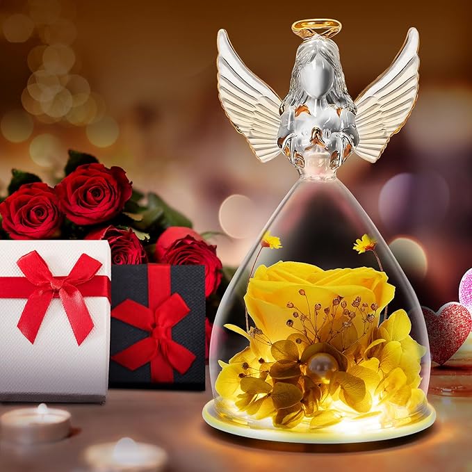 LURLIN Birthday Rose for Women, Preserved Flowers for Mom, Glass Angel Figurines With LED Forever Rose for Grandma Wife Friend Teacher, Nurse, Anniversary Day Girls Gift