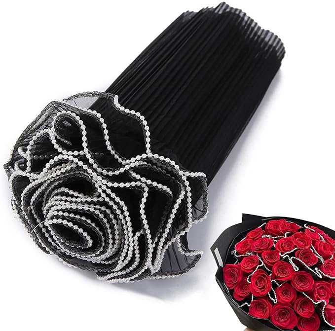 JXITON 4.37 Yards Black Flower Wrapping Mesh Paper, Pearl Edge Bouquet Packaging Paper Wrinkled Flower Bouquet Packing for Floral Arrangement Valentine's Day Mother's Day Wedding Florist Supplies