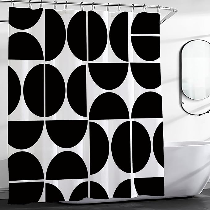 Black and White Geometric Shower Curtain - Mid-Century Modern Abstract Art, Waterproof Polyester Fabric, 72x72 Inches, with 12 Hooks