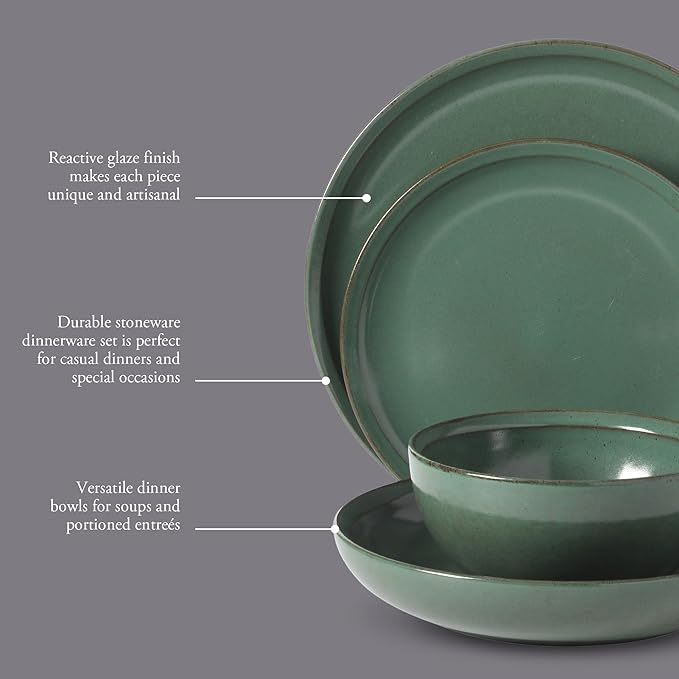 Gibson Elite Beckett Stoneware Matte Reactive Glaze 16 Piece (Service for 4) Plates and Bowls Dinnerware Set - Green