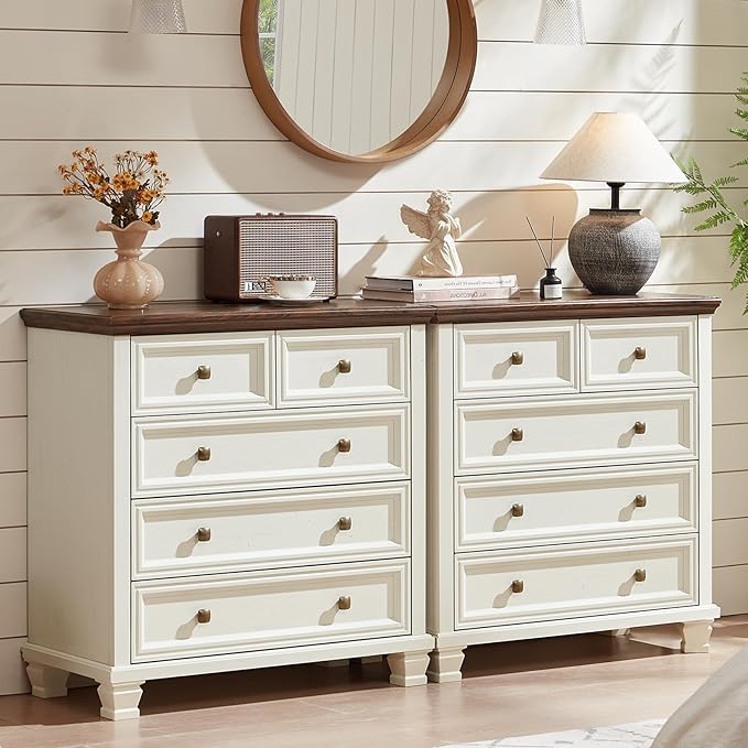 Farmhouse 5 Drawer Dresser Set of 2, 32.6 Inch Tall Modern Chest of Drawers for Bedroom, Mid Century Small Dressers w/Square Solid Wood Legs, Rustic Storage Organizer for Hallway, White