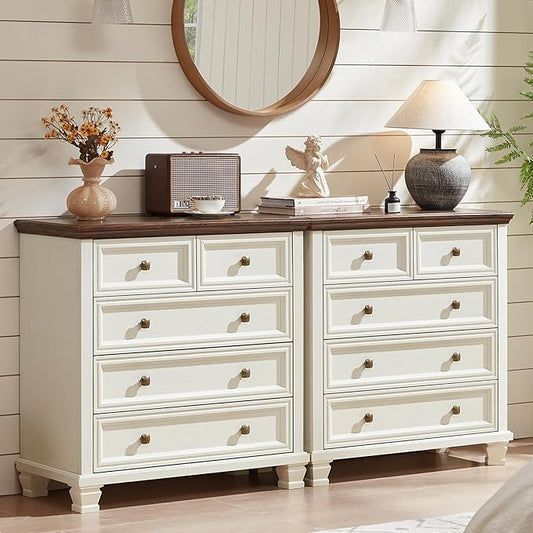 Farmhouse 5 Drawer Dresser Set of 2, 32.6 Inch Tall Modern Chest of Drawers for Bedroom, Mid Century Small Dressers w/Square Solid Wood Legs, Rustic Storage Organizer for Hallway, White