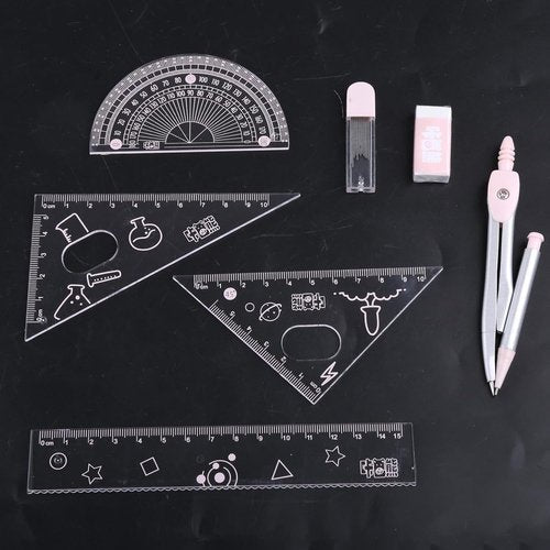 7Pcs Pink Geometry Math Drawing Set - Compass, Protractor & Rulers in Portable Box for Students