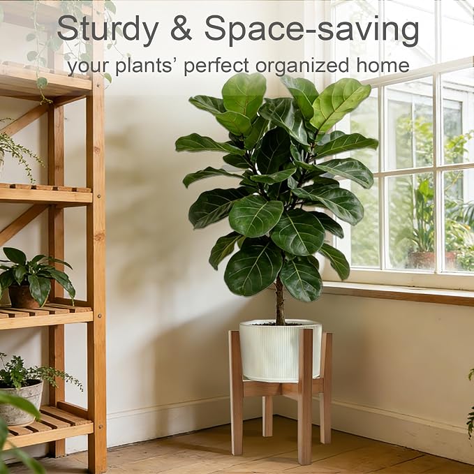 Natural Bamboo Plant Stand Indoor, Adjustable Plant Shelf Indoor Fits 8-12 Inch Pots, Mid Century Modern Decor to Refresh Your Space(Pot & Plant Not Included)