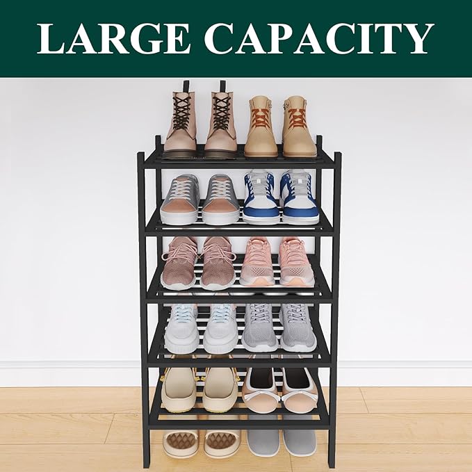 Smiry Small Bamboo Shoe Rack 5-Tier, Stackable Wooden Shoe Organizer for Entryway & Closet, Free Standing Wood Shoe Storage Shelf for Front Door & Small Spaces, Black