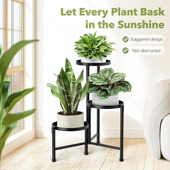 3 Tier Corner Plant Stand Indoor Outdoor, Metal Plant Shelf with 10 Inch Wide Tray,Flower Pot Display Holder Iron Rack Organizer Stand for Living Room Office Garden Patio Balcony Black