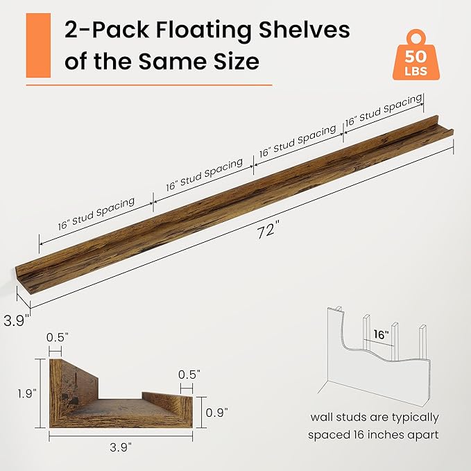 RICHFOCUS Picture Ledge Shelf, 72 inch Floating Shelves Set of 2, Wood Wall Shelves with Lip, Wall Decor Storage for Bedroom Living Room Bathroom Kitchen Nursery Photo Picture, Rustic Brown