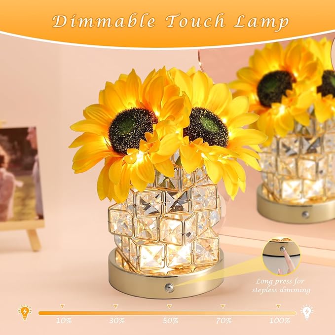 Birthday Gifts for Women,Sunflower Flower Touch Lamp,Rechargeable Cordless 3-Colour Dimming Small Night Light for Festival,Restaurant,Bedroom Housewarming Gifts for Mom