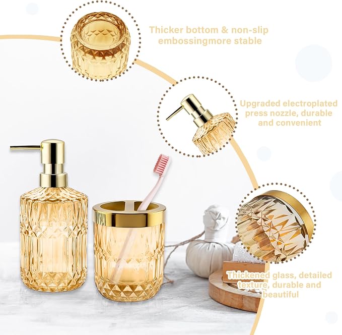 2Pcs Golden Bathroom Accessories Set, Glass Bathroom Accessories, Vintage Bathroom Countertop Decoration Includes Soap Dispenser, Toothbrush Holder
