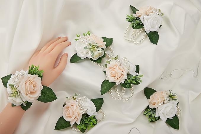 Meldel Wrist Corsage for Wedding White and Champagne Rose, Set of 6, Wrist Corsages for Bride Bridesmaid Mother Wrist Flower Girl Women Prom Party, Homecoming Ceremony Anniversary Wedding Gift