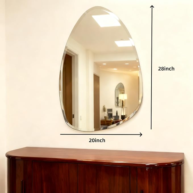 Frameless Asymmetrical Teardrop Shaped Wall Mirror, 20x28 Inch Beveled Edge Decorative Vanity Mirror for Bathroom, Bedroom, Entryway