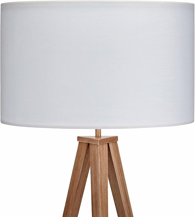 Teamson Home 61.81 in. Postmodern Tripod Floor Lamp with Foot Switch, Minimalist Lighting Option for Ambient, Accent, or Reading, Faux Natural Wood Grain Finish and White Drum Shade