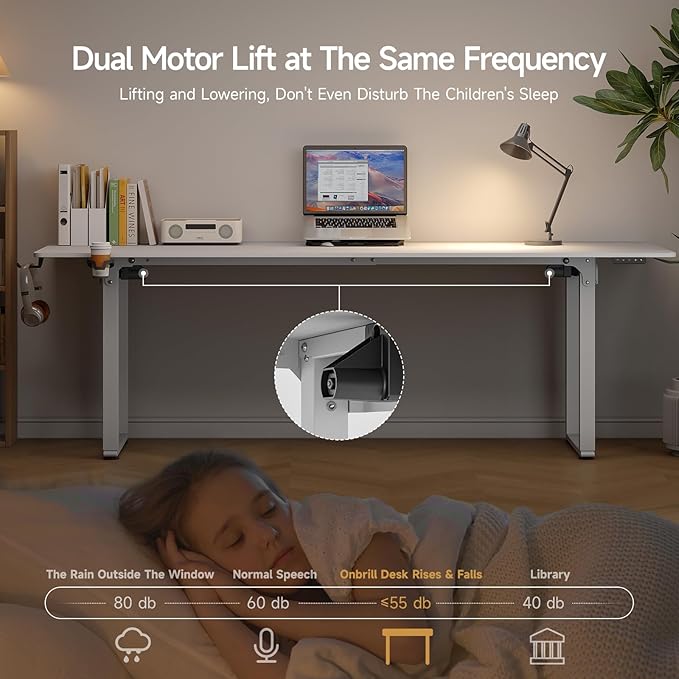 ONBRILL Standing Desk, 63x30 Inches Rectangle Stand Up Desk with 4 Legs, Dual Motor and Memory Controller, Adjustable Height from 28-46 Inches for Home and Computer Workstation, White