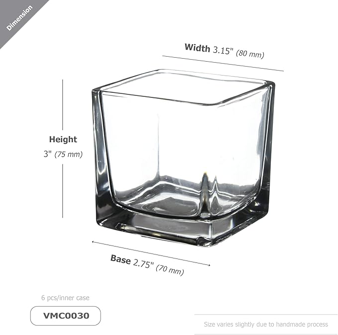 WGV 3 Inch Clear Square Cube Glass Votive Candle Holder Vase Bulk, Small Tiny Mercury Tea Light Terrarium Décor 3x3”, 24 Pieces