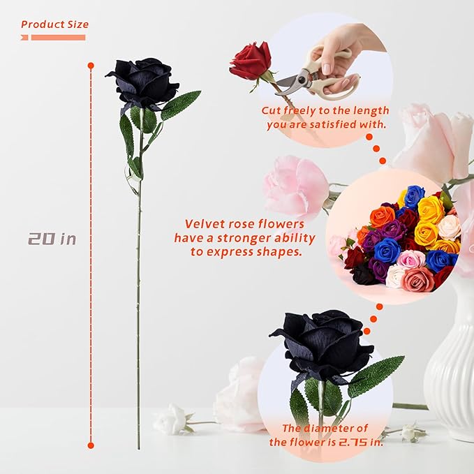 Black Artificial Rose Flowers, 12 Pcs Fake Roses for Halloween Decoration, Silk Roses with Long Stems, Home and Office DIY Decor