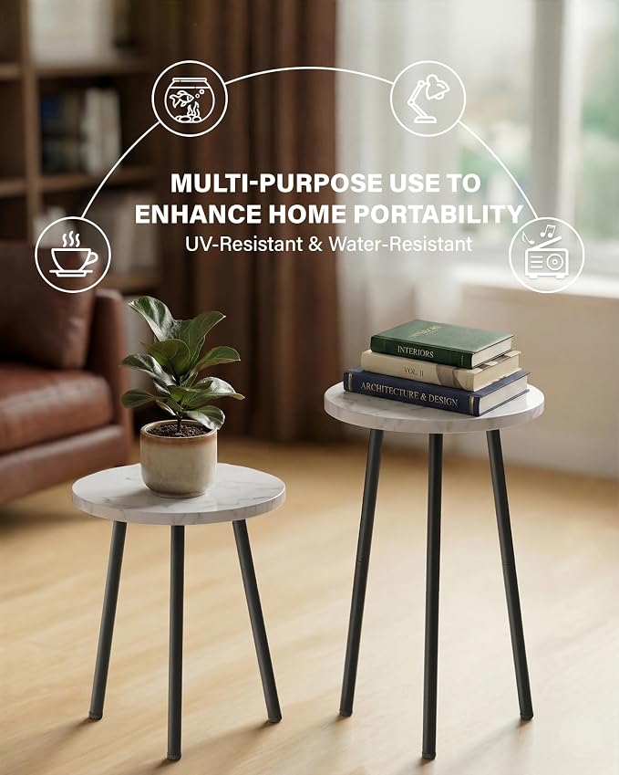 Plant Stand Indoor Tall: Corner Wood Plant Stand 2 Pack Mid Century Modern Decor - Small Round Plant Table for Indoor Plants - Outdoor Plant Holder for Patio Living Room Bathroom Office (White Marble)
