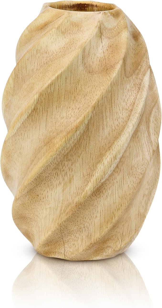 AeraVida 6-Inch Mango Tree Wood Oval Flower Vase with Spiral Carved Design | Light Brown Modern Tabletop Vase | Decorative Vintage Farmhouse Style for Home, Office, or Event Decor