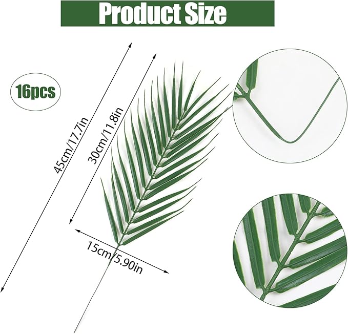 CCINEE 16 PCS Artificial Palm Leaves, Faux Large Palm Fronds Fake Tropical Plant Simulation Safari Leaves with Stems for Home Hawaiian Luau Party Jungle Beach Theme Party Decoration