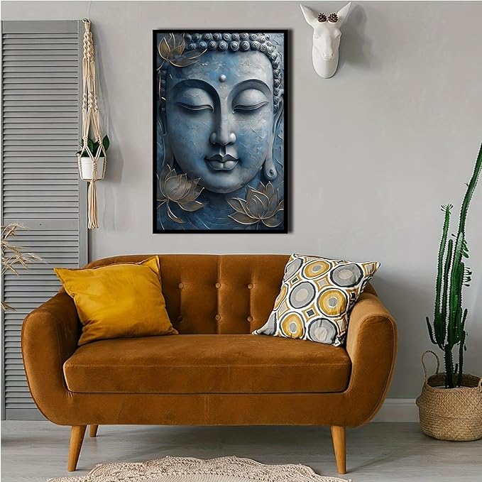 Canvas wall art Golden lotus crown Serene Buddha poster Ethereal blue toned art with delicate floral decor Zen wall art for a tranquil meditation space 16x24in Metal blackFramed