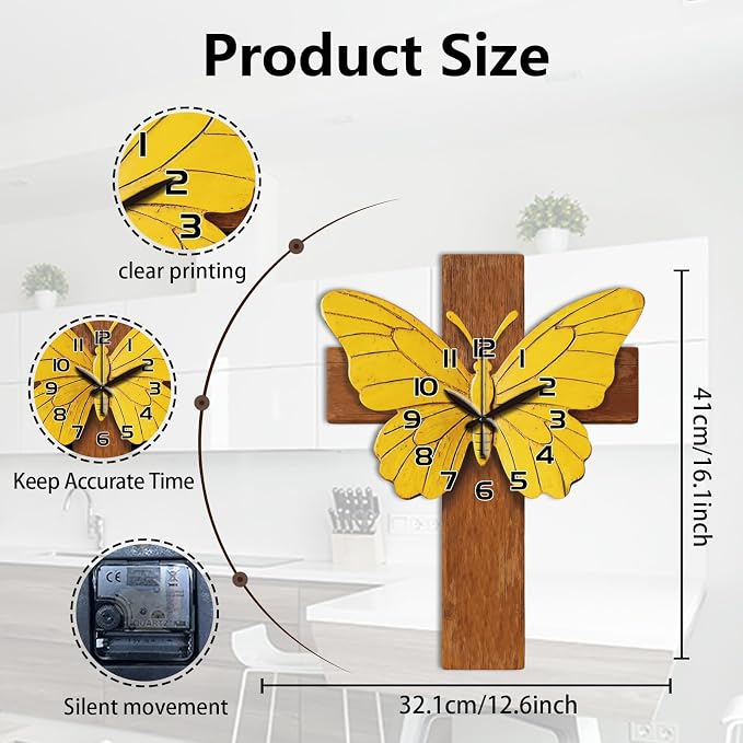 Cross Wall Clock Irregular Shape Decorative Wall Clock Butterfly Non-Ticking Clock for Home Office Decoration, 16.14×12.63 inch