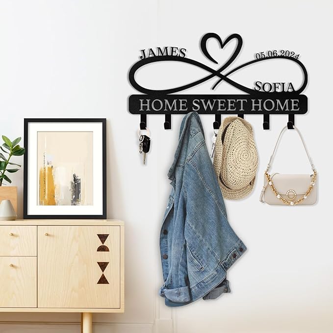 Personalized Metal Couple's Name Key Rack Coat Rack | Wedding Couple Gifts | Custom Wall Mount Key Holder for Kitchen Bedroom Hallway