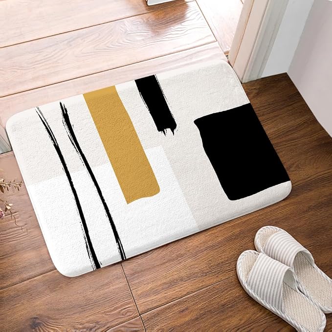 Abstract Modern Bath Mats Rugs for Bathroom, Geometric Minimalist Black and White Flannel Bathroom Floor Mat Bath Shower Rug Non Slip, Beige Yellow Tan Doormat Mat Bathroom Accessories Decor 16X24inch