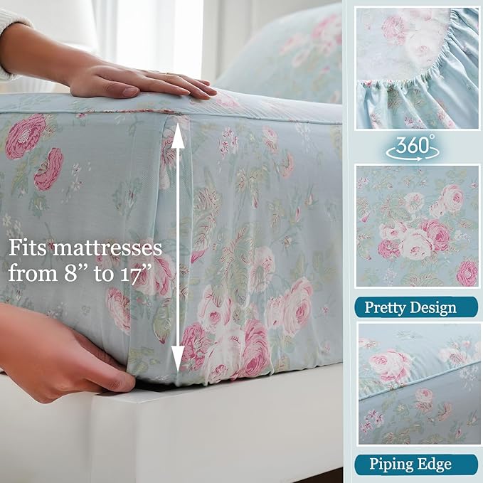 Zusbest Blue Floral Sheets Set King Size 100% Cotton Pink Flowers Bed Sheet Shabby Vintage Chic Bedding Romantic Pastoral Style Original Design Soft Luxury Deep Pocket Fitted Sheet 17.5'', 4 Pcs
