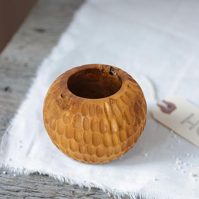 Teak Wooden Handcrafted Pot 9.5" x 9.5" x 7.1"H Natural Wood Round Vase Handmade Rustic Flower Holder for Entry Table Brown Stain Vintage Artworks Planter Living Room Home Christmas Décor