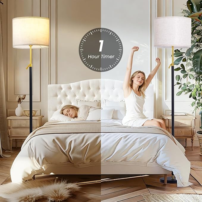 Floor Lamp for Living Room and Bedroom - 55"- 67" Height Adjustable Standing Lamp with 3 Color Dimmable 12W LED Bulb and Remote - Tall Stand Light with Shade for Corner Lighting ( Black & Gold )