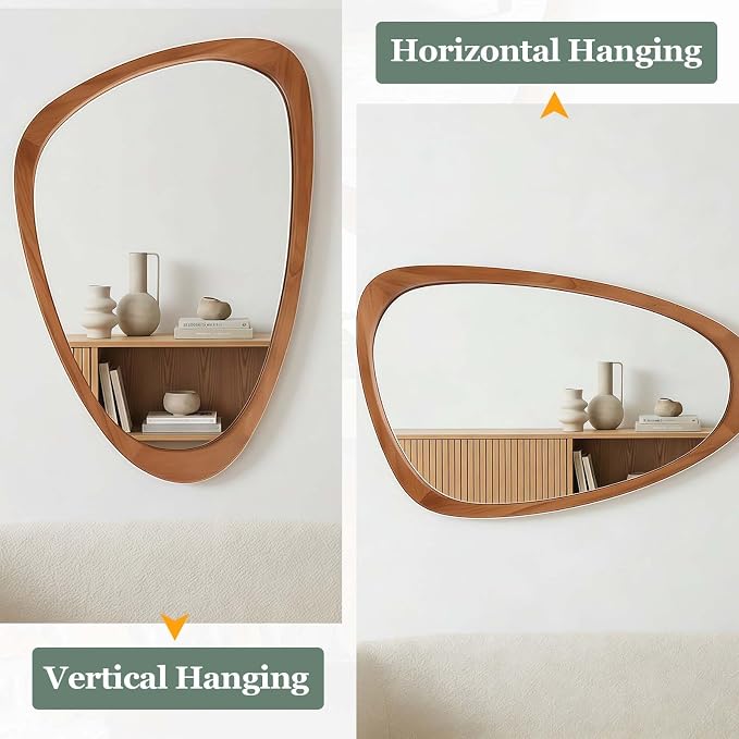 20x30 Inch Asymmetrical Wall Mirror Wood,Rustic Irregular Shaped Vanity Mirror for Bathroom,Bedroom, Living Room, Entryway, Fireplace,Wall Decor,Solid Wooden Frame (Yellow Brown, 20"x30" Inch)