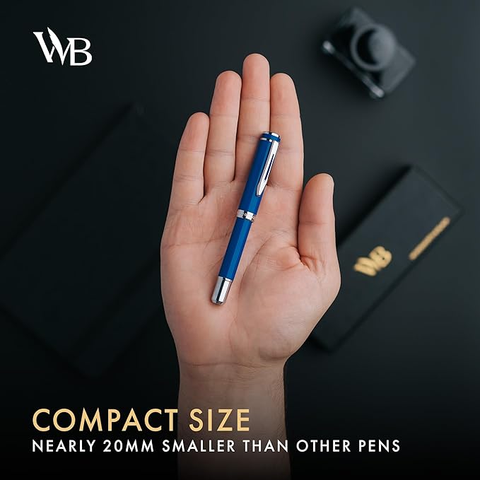 Wordsworth and Black Fountain Pen Mini EDC: Luxury Blue Heavy Pocket Pen, Chrome Finish, Medium Nib, 6 Ink Cartridges, Ink Converter, Travel Refillable Writing Pen Gift Set, Men & Women